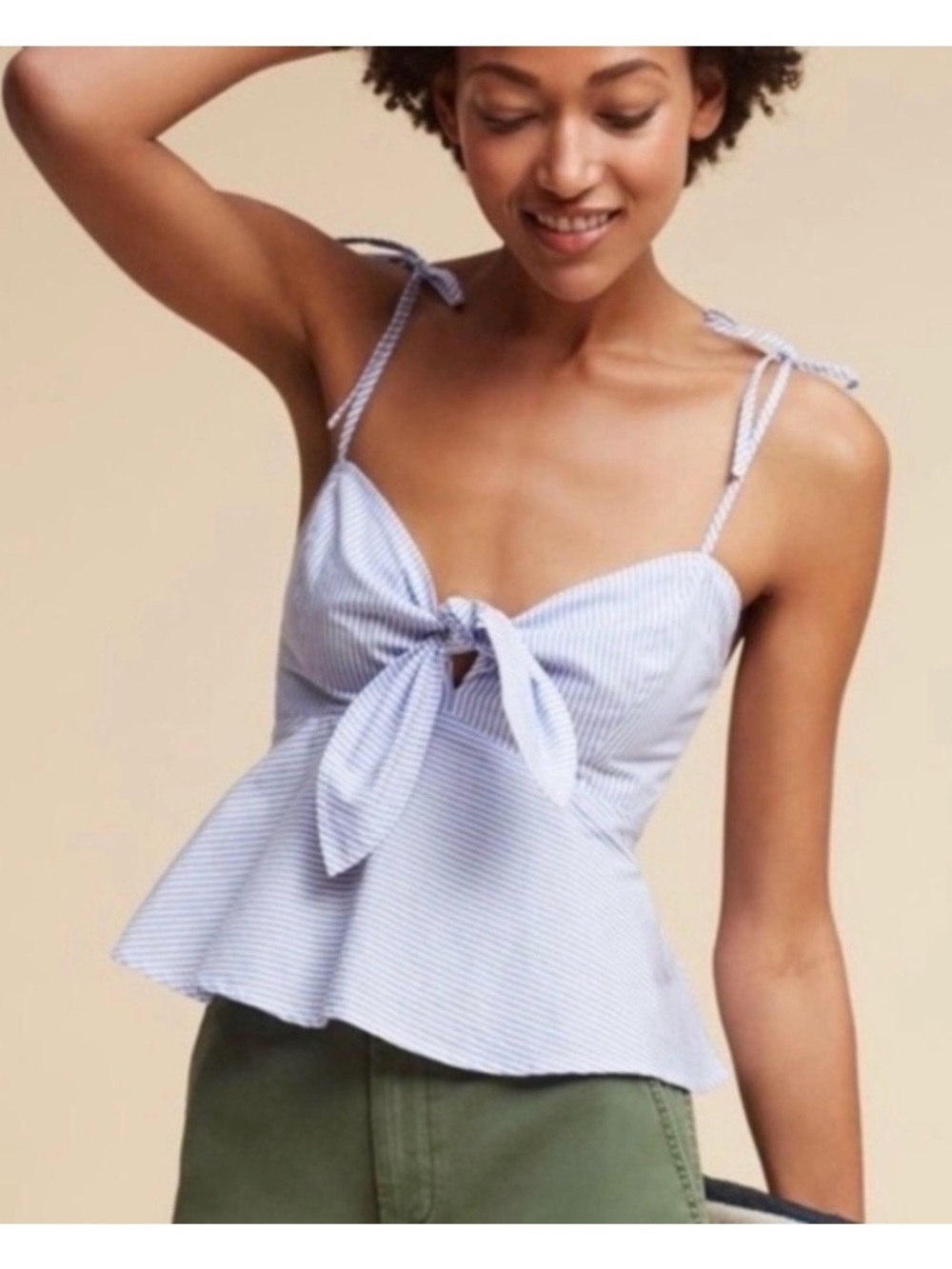 Anthropologie Light Blue and White Striped Tie-Front Peplum Cami